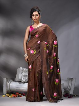 Angoshobha - Brown Colour Flower Printed Saree With Unstitched Blouse