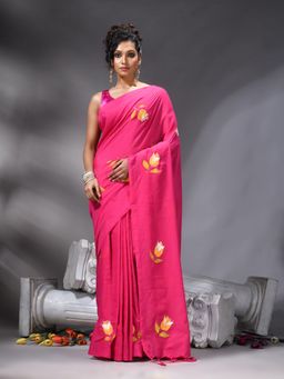 Angoshobha - Women Pink Flower Printed Saree With Unstitched Blouse
