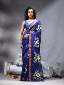 Angoshobha - Women Blue Floral Print Saree With Unstitched Blouse
