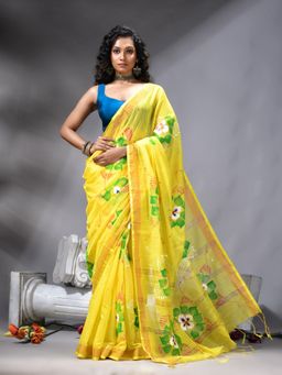 Angoshobha - Yellow Flower Printed Saree With Unstitched Blouse