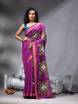 Angoshobha - Magenta Colour Flower Printed Saree With Unstitched Blouse