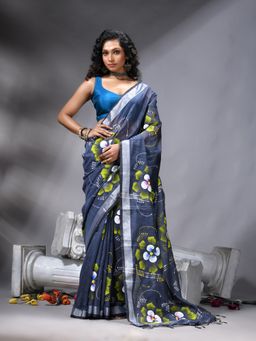Angoshobha - Grey Flower Printed Saree With Unstitched Blouse