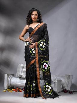Angoshobha - Women Black Flower Printed Saree With Unstitched Blouse