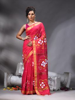 Angoshobha - Pink Flower Printed Saree With Unstitched Blouse