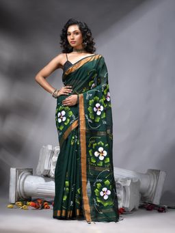 Angoshobha - Green Flower Printed Saree With Unstitched Blouse