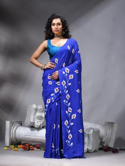 Angoshobha - Royal Blue Colour Printed Handloom Saree Without Blouse