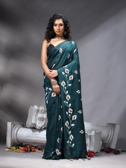 Angoshobha - Teal Printed Handloom Saree Without Blouse