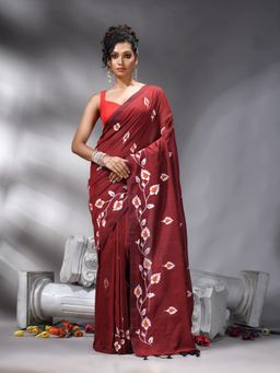 Angoshobha - Maroon Printed Handloom Saree Without Blouse