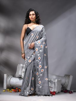 Angoshobha - Grey Colour Printed Handloom Saree Without Blouse