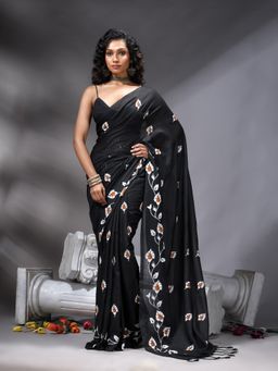 Angoshobha - Black Colour Printed Handloom Saree Without Blouse