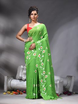 Angoshobha - Green Colour Printed Handloom Saree Without Blouse