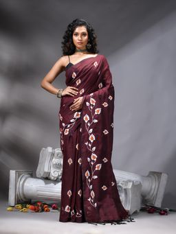 Angoshobha - Maroon Colour Printed Handloom Saree Without Blouse