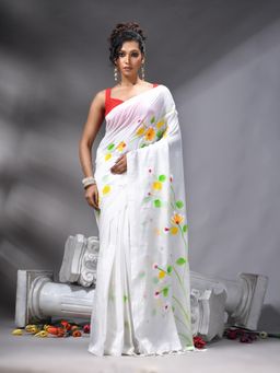 Angoshobha - White Colour Flower Printed Saree With Unstitched Blouse