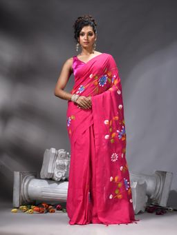 Angoshobha - Magenta Flower Printed Saree With Unstitched Blouse
