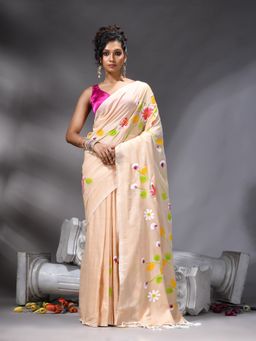 Angoshobha - Beige Colour Flower Printed Saree With Unstitched Blouse