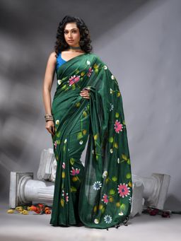 Angoshobha - Women Green Flower Printed Saree With Unstitched Blouse