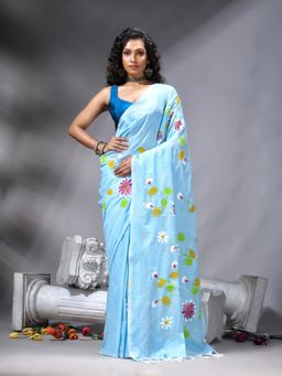 Angoshobha - Blue Flower Printed Saree With Unstitched Blouse