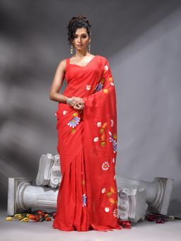 Angoshobha - Red Flower Printed Saree With Unstitched Blouse