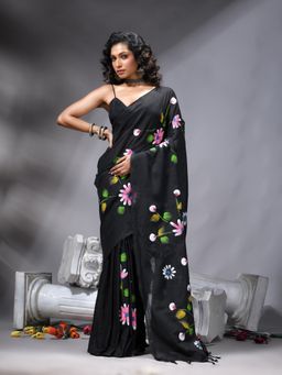 Angoshobha - Black Colour Flower Printed Saree With Unstitched Blouse