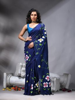 Angoshobha - Blue Colour Flower Printed Saree With Unstitched Blouse