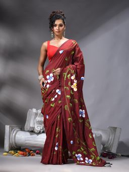 Angoshobha - Maroon Colour Flower Printed Saree With Unstitched Blouse