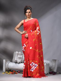 Angoshobha - Red Colour Flower Printed Saree With Unstitched Blouse
