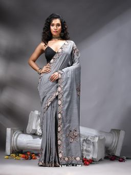 Angoshobha - Bangal Applique Grey Saree With Unstitched Blouse