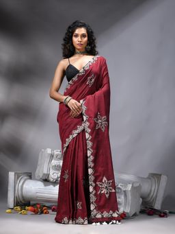 Angoshobha - Women Bangal Applique Maroon Saree With Unstitched Blouse