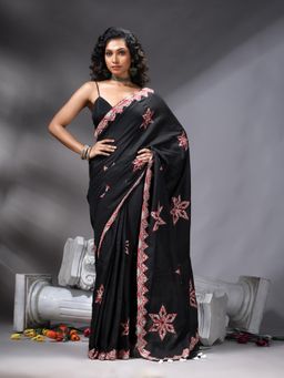 Angoshobha - Bangal Applique Black Saree With Unstitched Blouse