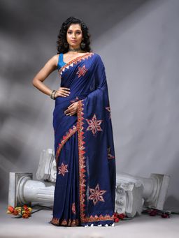 Angoshobha - Bangal Applique Blue Saree With Unstitched Blouse