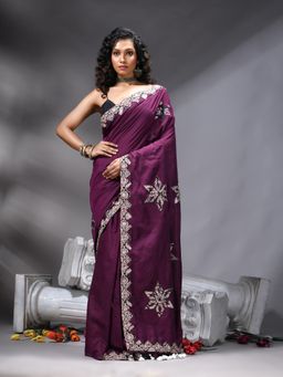 Angoshobha - Women Bangal Applique Purple Saree With Unstitched Blouse