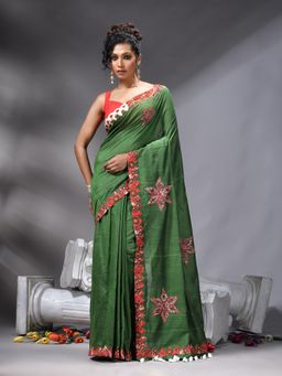 Angoshobha - Bangal Applique Green Saree With Unstitched Blouse