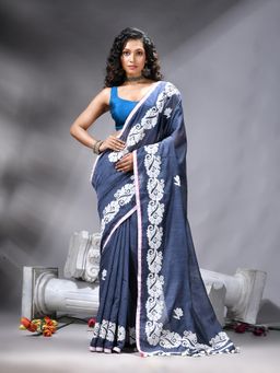 Angoshobha - Grey Bangal Applique Saree With Unstitched Blouse