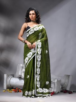 Angoshobha - Green Bangal Applique Saree With Unstitched Blouse