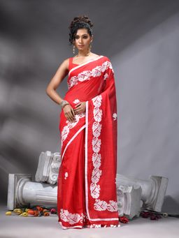 Angoshobha - Bangal Applique Red Saree With Unstitched Blouse