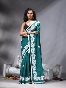 Angoshobha - Bangal Applique Teal Saree With Unstitched Blouse