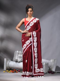 Angoshobha - Bangal Applique Maroon Saree With Unstitched Blouse