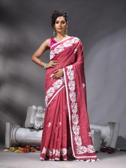 Angoshobha - Pink Bangal Applique Saree With Unstitched Blouse