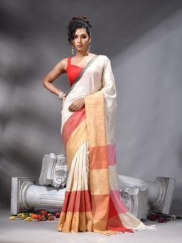 Angoshobha - Cream Cotton Blend Handloom Saree With Unstitched Blouse