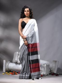 Angoshobha - White Cotton Blend Handloom Saree With Unstitched Blouse