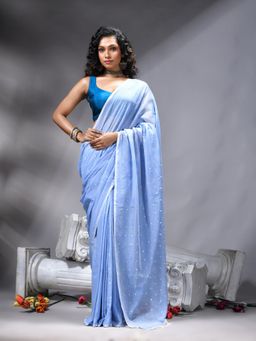Angoshobha - Sky Blue Cotton Saree With Unstitched Blouse