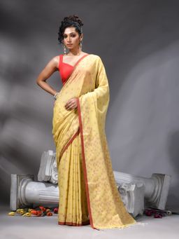 Angoshobha - Yellow Cotton Saree With Unstitched Blouse