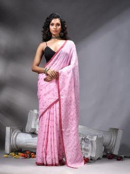 Angoshobha - Pink Cotton Saree With Unstitched Blouse
