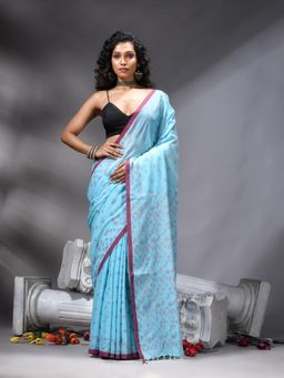 Angoshobha - Blue Cotton Saree With Unstitched Blouse