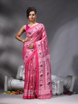 Angoshobha - Pink Handloom Tissue Saree With Unstitched Blouse