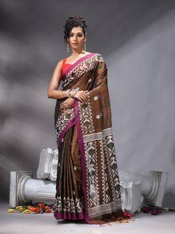 Angoshobha - Brown Handloom Tissue Saree With Unstitched Blouse