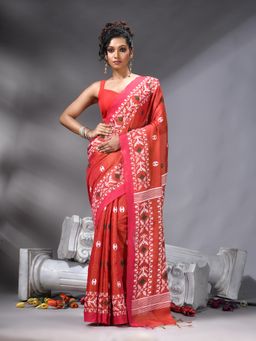 Angoshobha - Red Handloom Tissue Saree With Unstitched Blouse