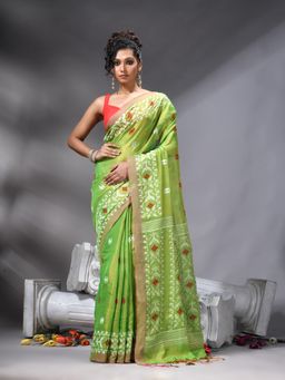 Angoshobha - Green Handloom Tissue Saree With Unstitched Blouse