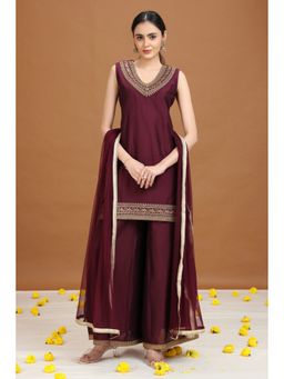 Cotton Culture - Women Wine Silk Blend Floral Kurta And Palazzo With Dupatta