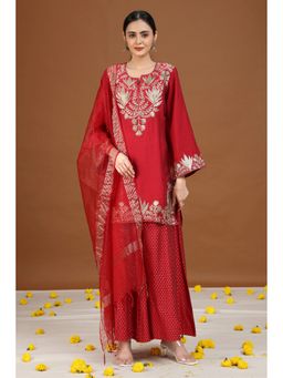 Cotton Culture - Women Maroon Silk Floral Kurta And Palazzo With Dupatta